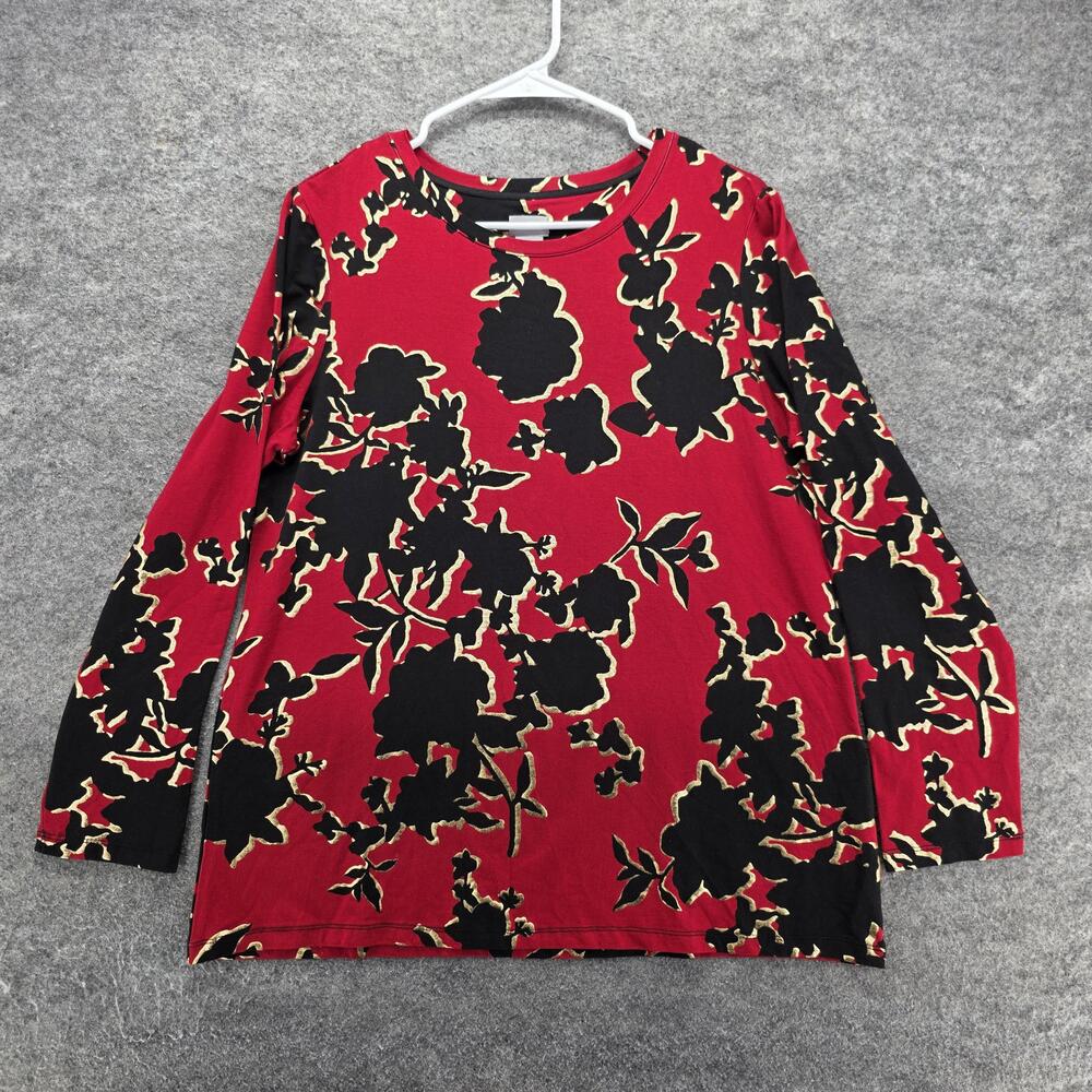 Chico's Shirt Womens 2 Red Jersey Long Sleeve Floral Rayon Spandex Relaxed Fit